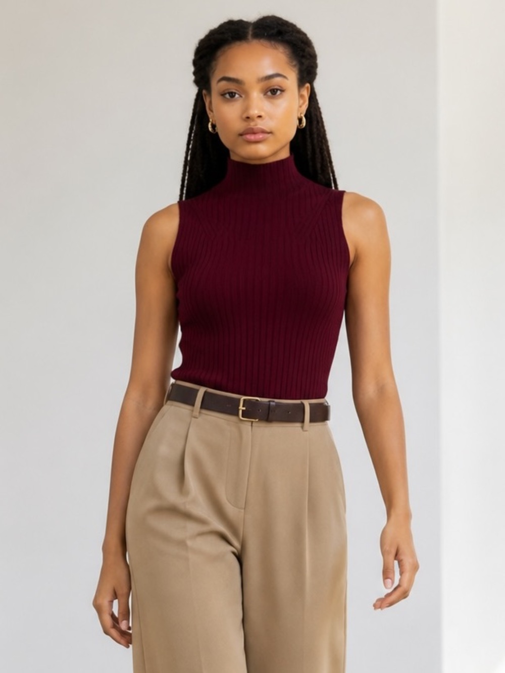 1541 • Burgundy Viscose Blend  Rib Knit Sleeveless Mock-neck Top